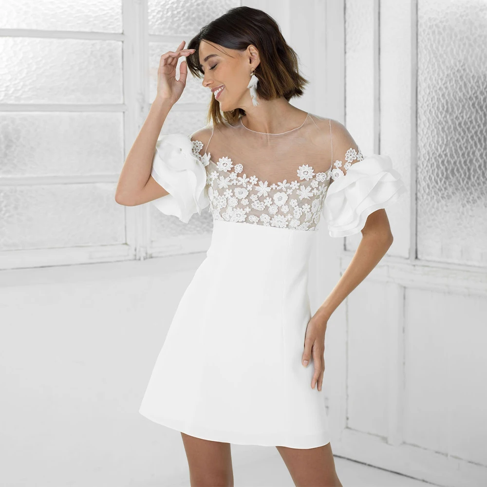 

Lace Applique Short Wedding Dress for Women 2023 Bride O Neck Short Sleeve Mini Wedding Gown White Backless Illusion Bridal Gown