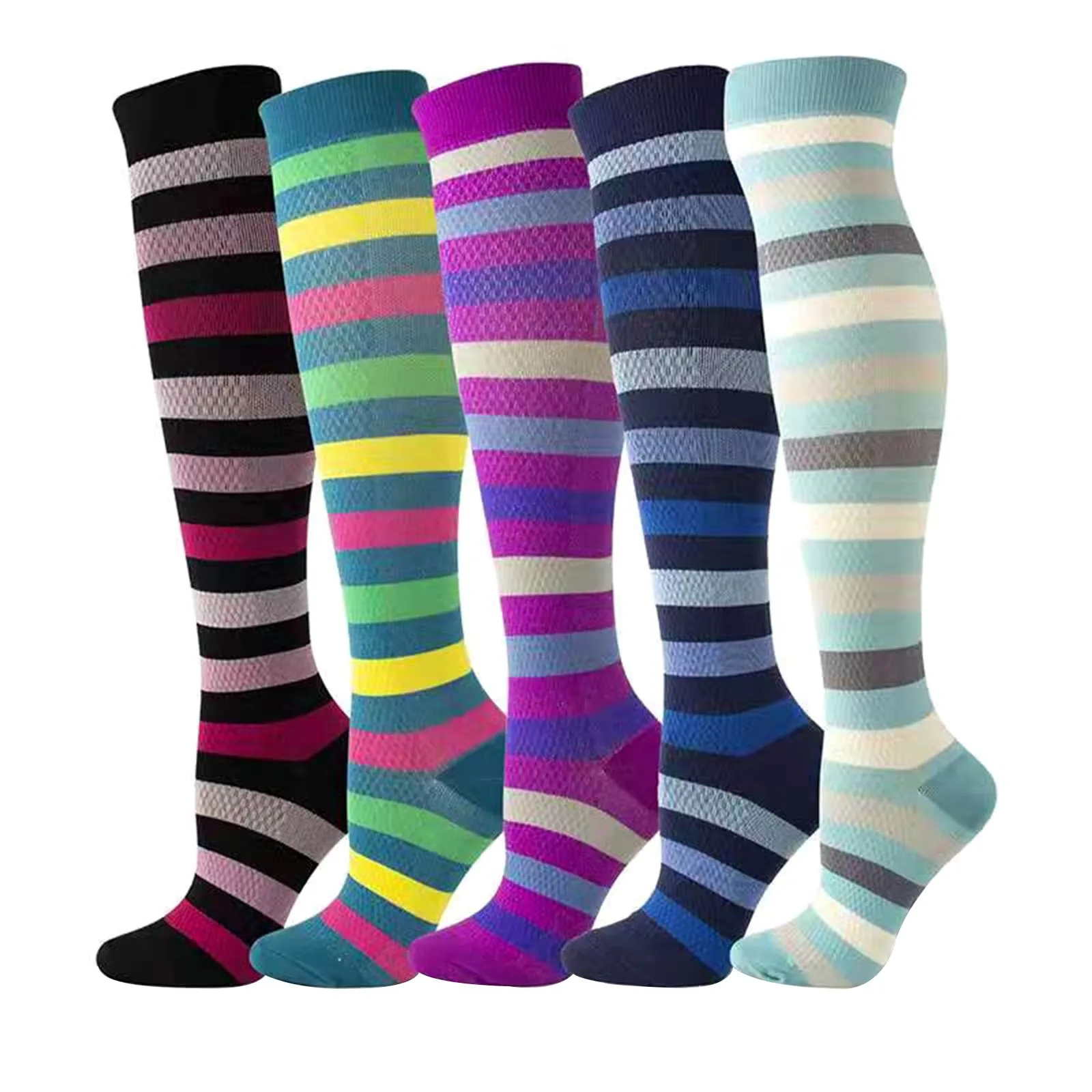 

Unisex Colorful Striped Stockings Autumn Winter Sweat Absorption Over Knee Compression Socks Harajuku Breathable Sports Socks