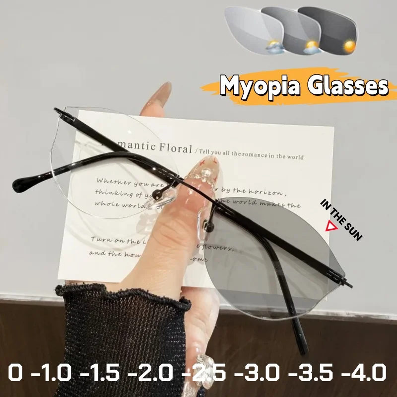 

Classical Business Frameless Photochromic Myopia Glasses Anti-blue Light Glasses for Both Internal and External Use 0 To -4.0