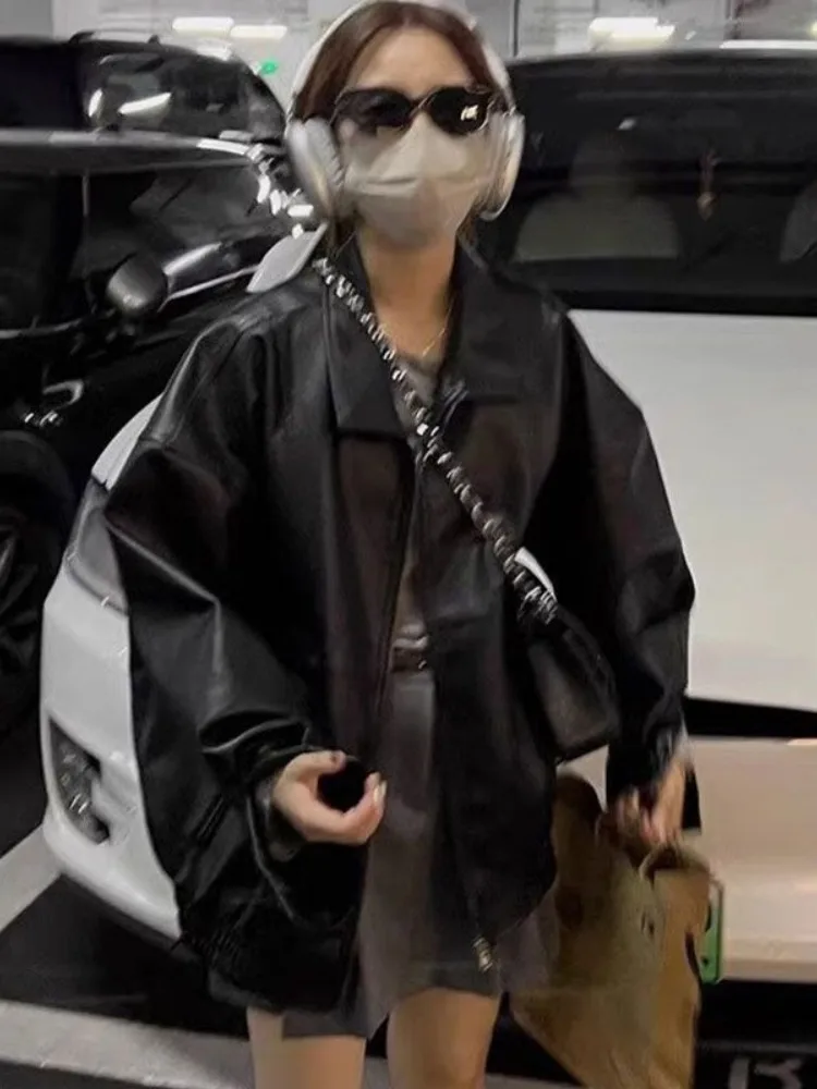 Czarna Luźna Kurtka Skórzana PU Damska Motocyklowa Kurtka Skórzana na Zamek Damska Koreańska Kurtka Skórzana w Stylu High Street Jesień 2025