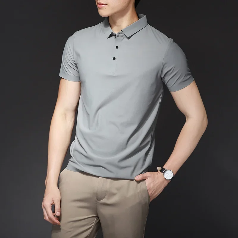 Summer Ice Silk Mens Polo Shirts Luxury Short Sleeve Solid Color Business Casual Male Tops Fashion Simple Slim Man Tees