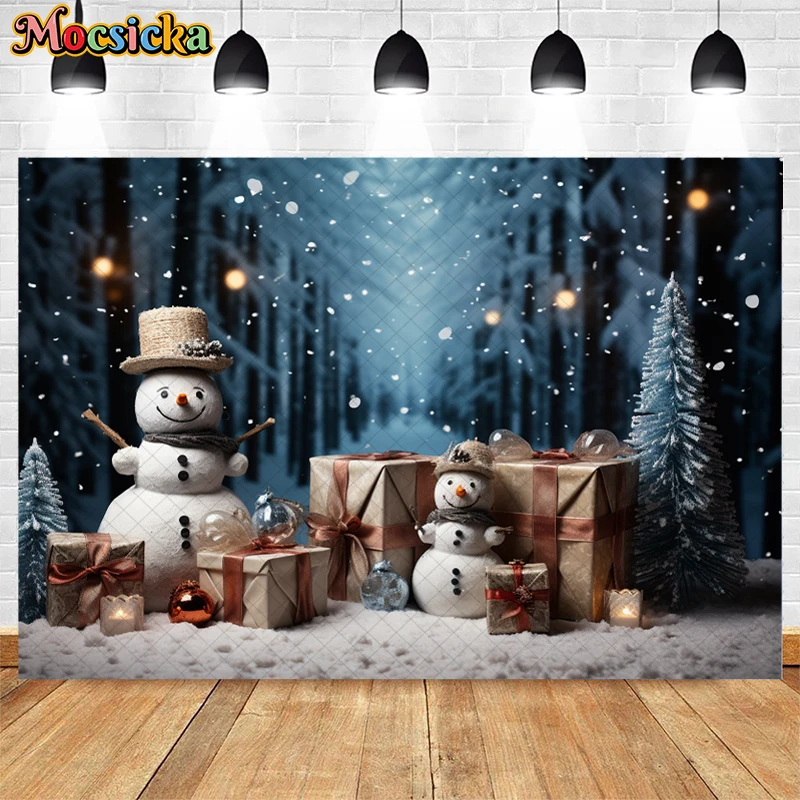 Arrière-plan de photographie de Noël d'hiver, décor de boîte-cadeau de Noël, flocon de neige, arbre de Noël, forêt, portrait d'enfants, gâteau Smash