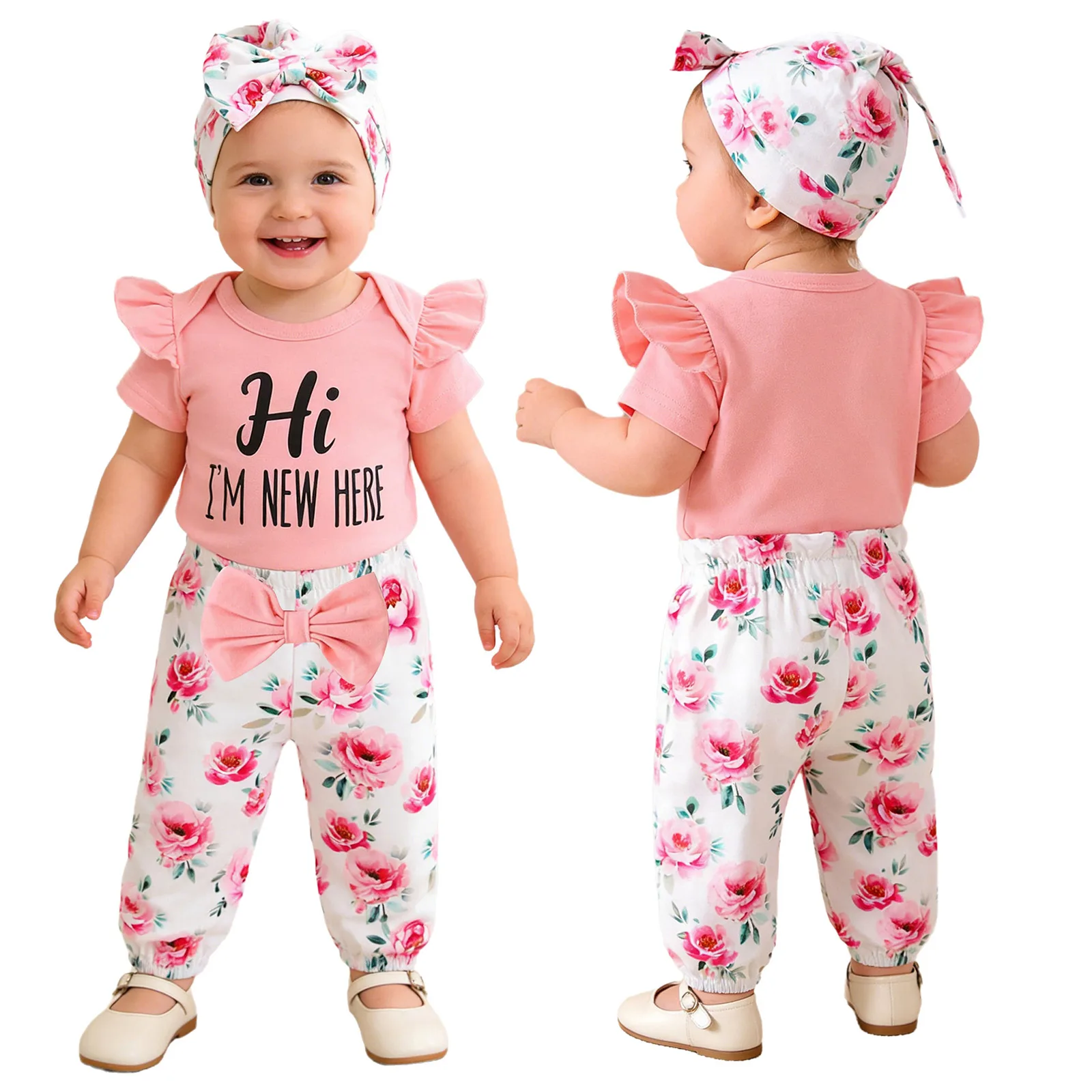 

Милая одежда с принтом для новорожденных девочек: комбинезон с короткими рукавами, цветочные штаны, повязка на голову и шапочка для дня рождения и фотосессий