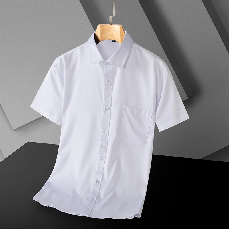 Short sleeve shirts for men summer elastic slim fit formal solid color shirt black white shirt thin office refular fit clothing