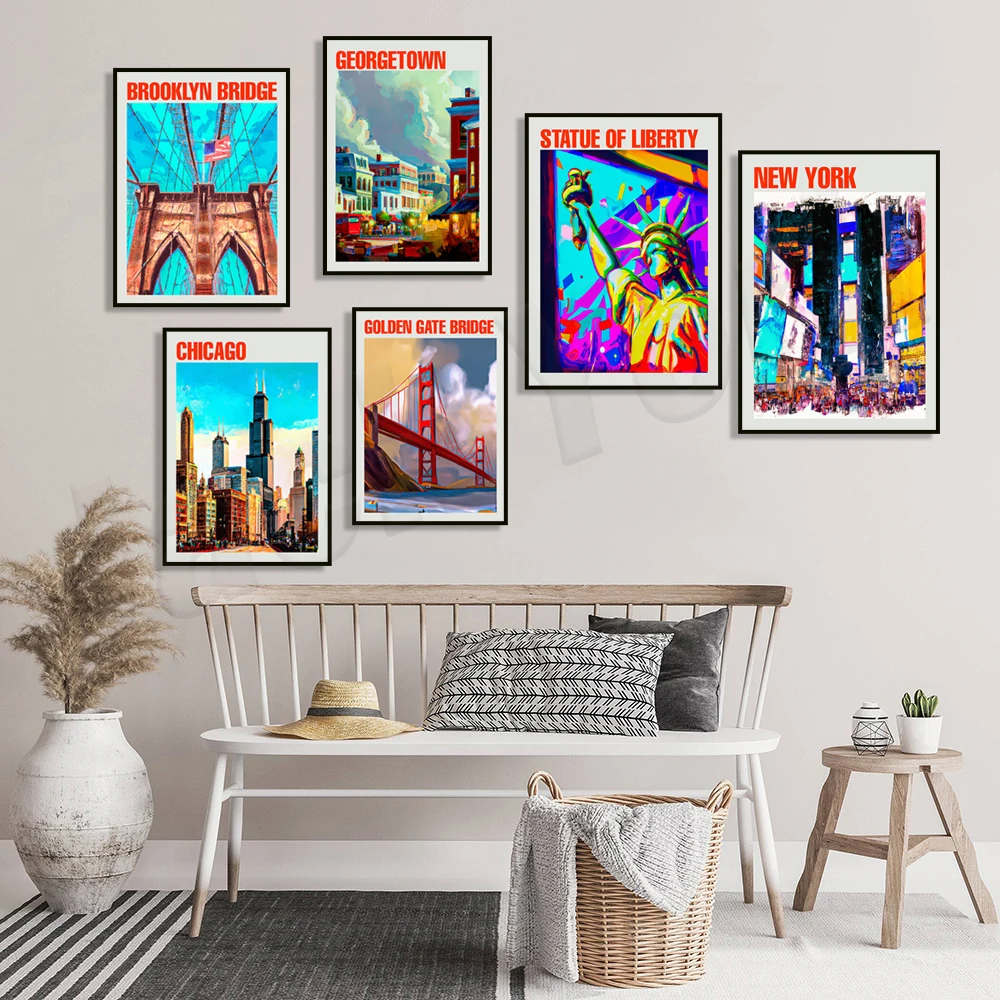 DC, Seattle, San Francisco, Golden Gate Bridge Reise plakat Chicago, New York, Freiheits statue, Brooklyn Bridge, Washington