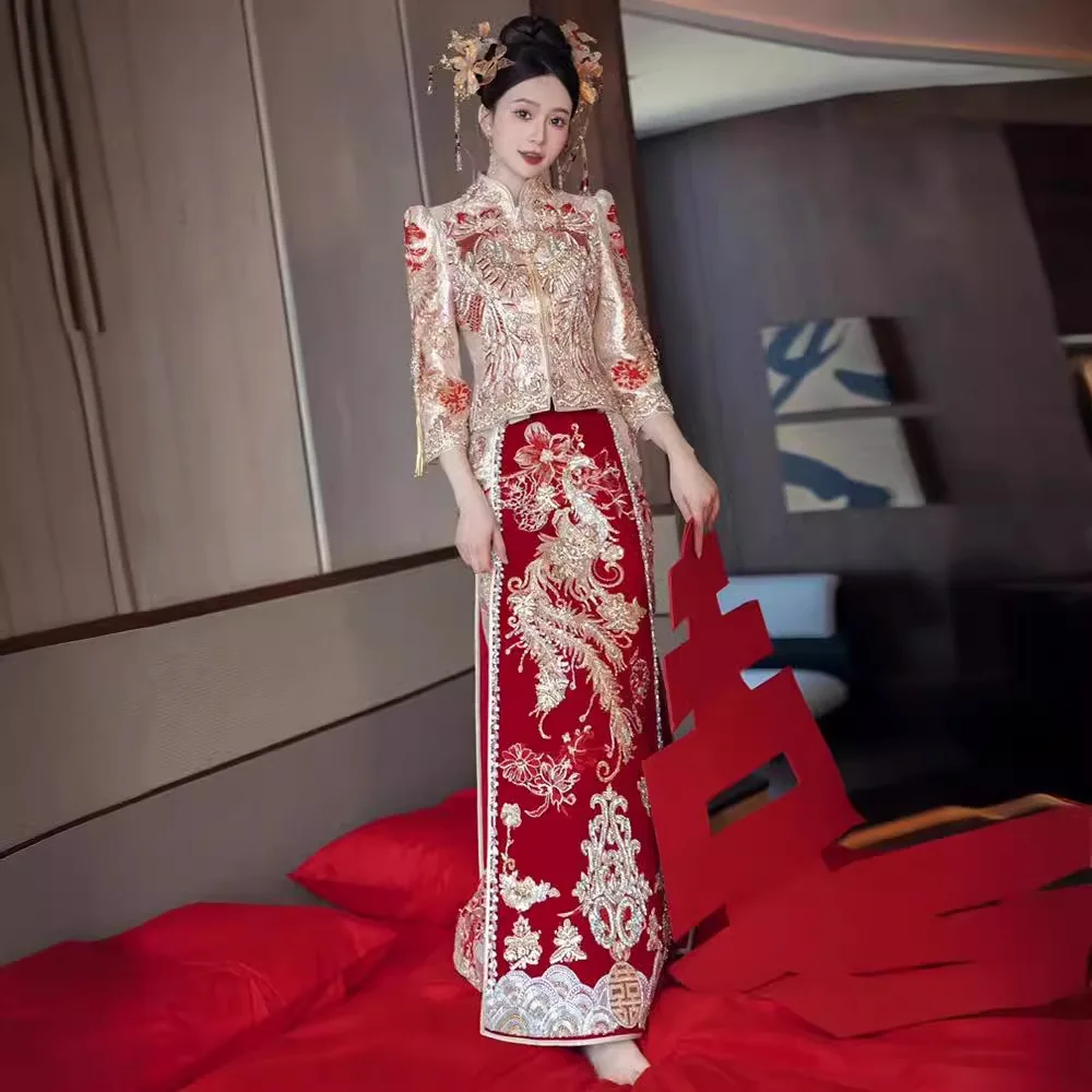 Xiuhe rapIndustry-Vêtements de mariée chinois de luxe, robe de mariée imbibée Tang, JOCoat brodé dragon et phénix, manteau malais haut de gamme