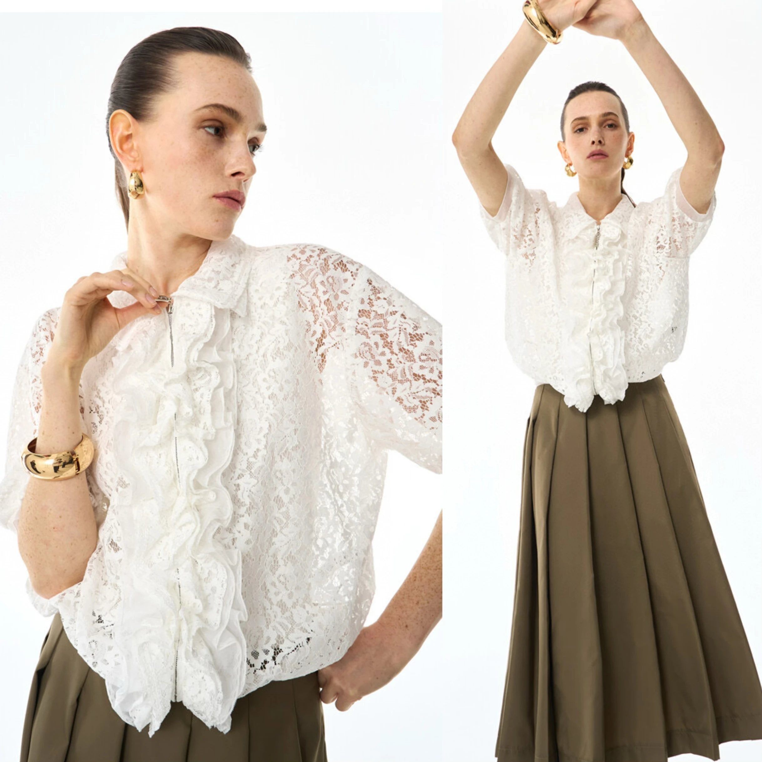 

Весенне-летняя кружевная блузка в корейском стиле, полностью кружевная, прозрачная, с изысканной отделкой, на одной пуговице, свободного кроя, с вырезами, из смесового хлопка