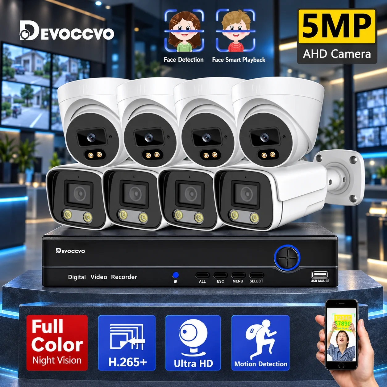 8CH 5MP Color Night Vision AHD DVR Camera Kit Outdoor Waterproof Security Surveillance System Set Dome Plus Bullet Camera Kit