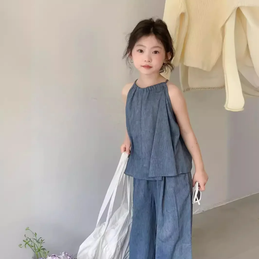 Girls Suits South Korea Children Wear 2024 Summer Girls Blue Halter Wide-leg Trouser Suit CuHK Girl Treasure Cool Two-piece Set