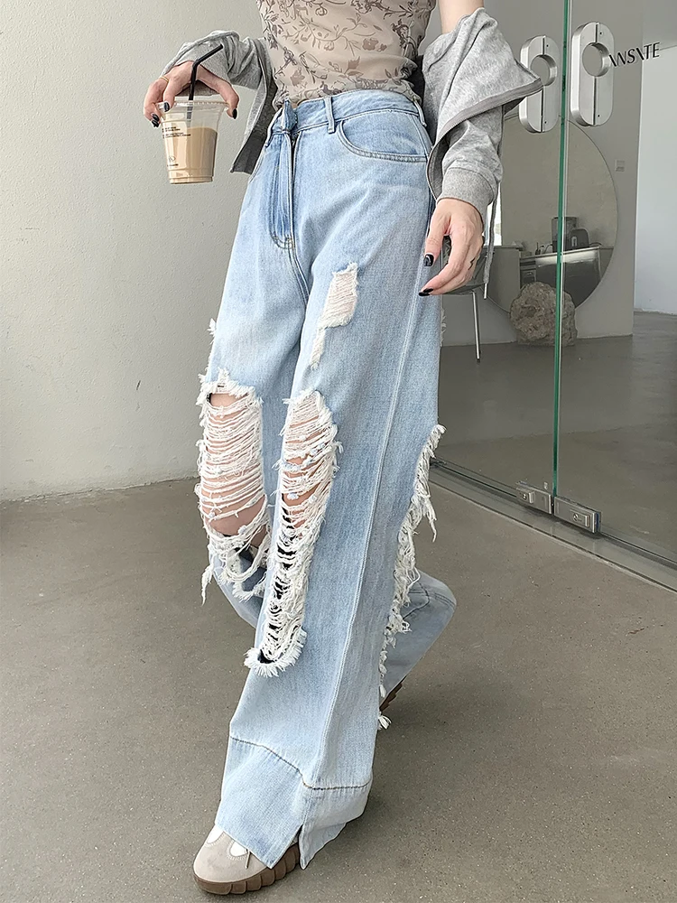 Vintage Holes Hollow Out High Waist Jeans Women Summer New Loose Casual Y2K Straight Denim Pants Female Wide Leg Trousers Girls