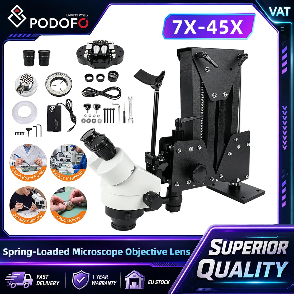Microscopio per gioielli Podofo con zoom continuo 7X-45X, supporto regolabile in diverse angolazioni, staffa a molla, supporto integrato, sistema di sgancio rapido, anello integrato opzionale e luce