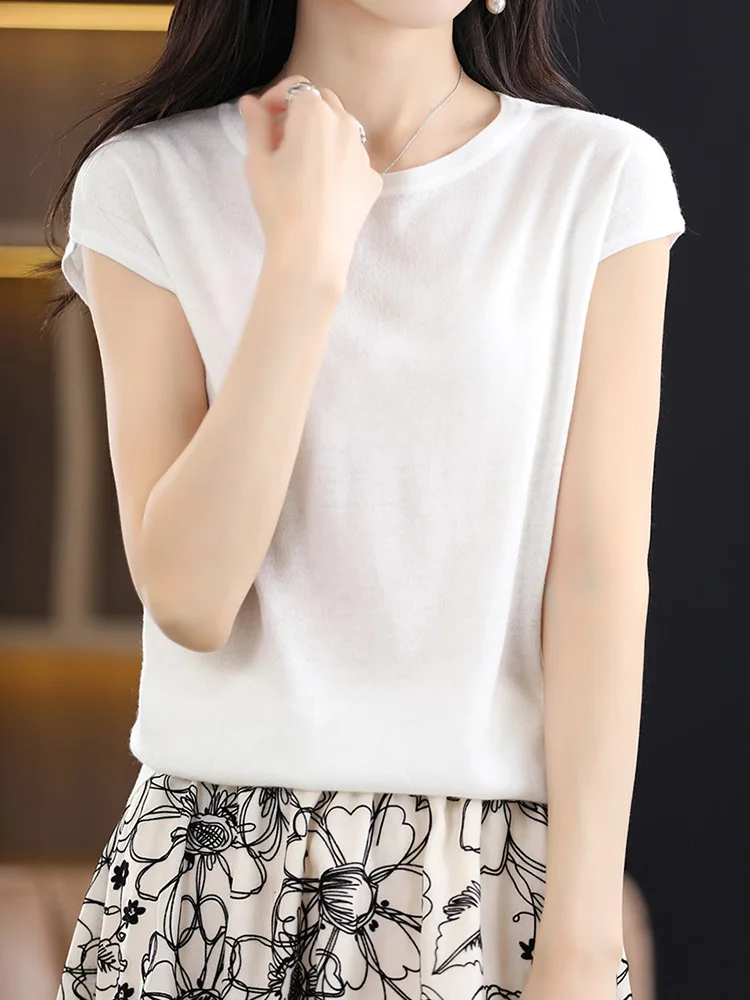 

Classic 30% Merino Worsted Wool Women Knitted Pullover Spring Summer Solid Female T Shirt Short Sleeve Basics Thin Clothing Tops