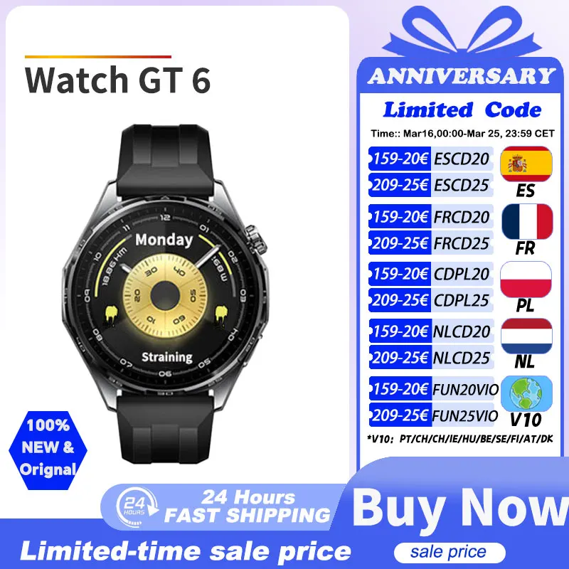 Montre connectée HUAWEI WATCH GT 6, écran AMOLED 1.47 "/1.32", jusqu'à 21 jours d'autonomie de la batterie, fréquence cardiaque, NFC, Compatible iOS et Android, 2025