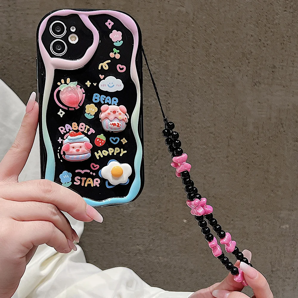 3D Cute Pig Hang Wrist Chain Cases For iPhone 16 Pro Max 15 14 13 12 11 Pro 16 15 14 7 8 Plus XR XS XS Max 7 8 SE Soft Bumper