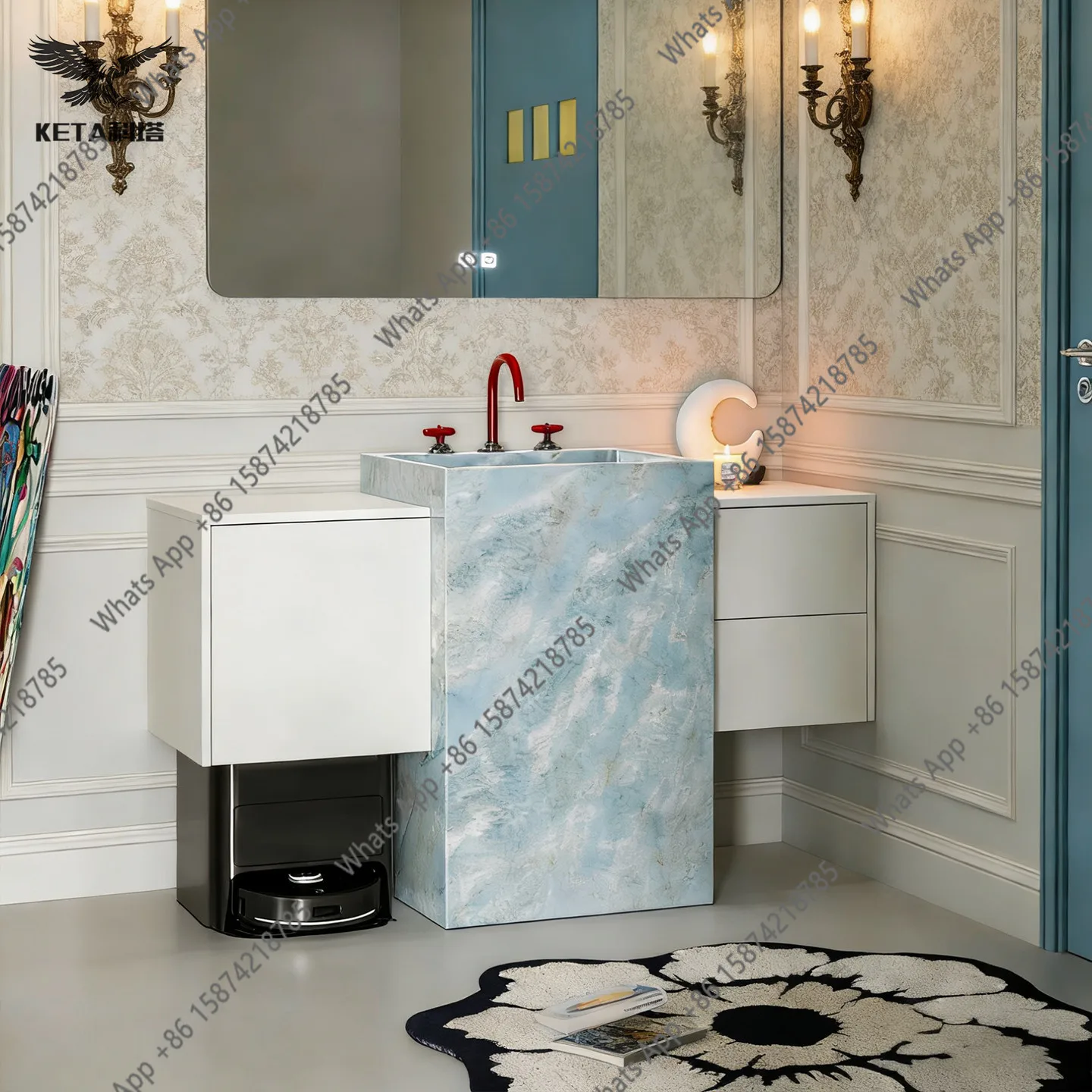 French light luxury blue crystal rock slab column basin minimalist sink bathroom cabinet hotel villa bathroom