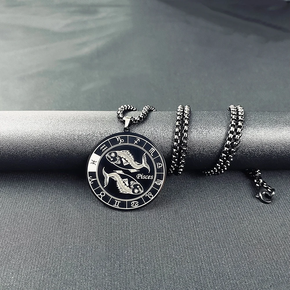 Stainless Steel Zodiac Sign Necklace for Women Men 12 Constellations Pisces Symbol Pendant Necklace Punk Amulet Vintage Jewelry