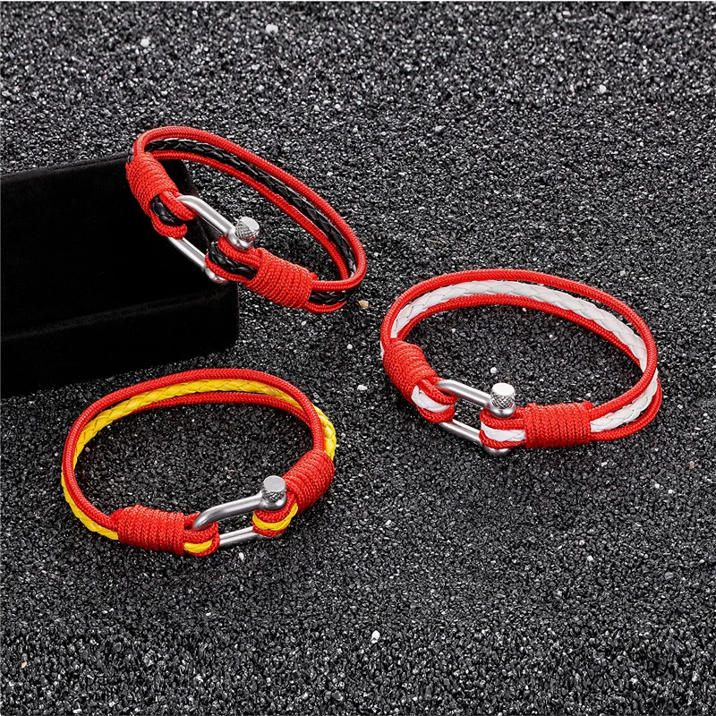 2023 New Stainless Steel Bracelet Men Women Nautical Survival Leather Wristband Colorful Braided Rope Bracelet Jewelry Gift