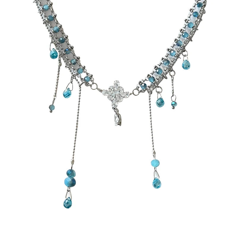 

Personalized blue beaded fringed flower zircon necklace exquisite high-end collarbone chain
