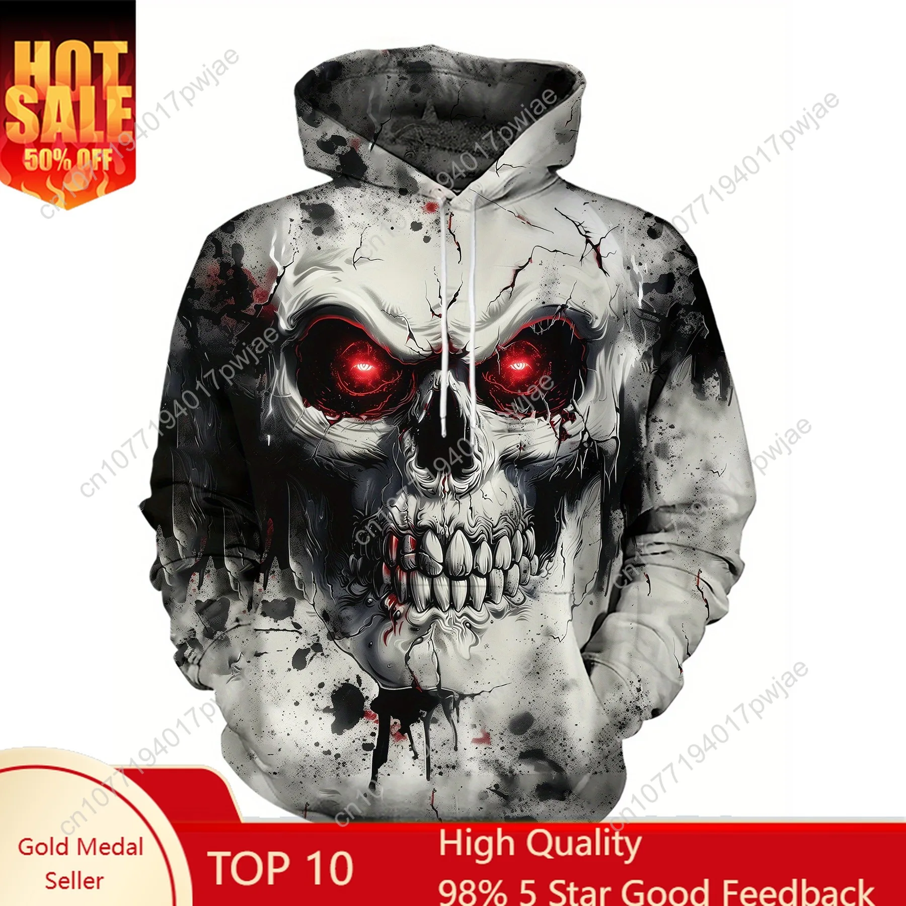 Ganzjahres-Freizeit-Kapuzenpullover mit rotäugigem Totenkopf-Allover-Print, lockere Passform für Herren, gestrickter Polyesterpullover