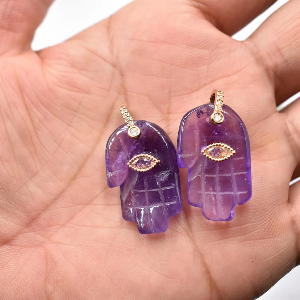 Fashion carved natural Stone amethysts rose quartz palm shape charms pendants fit jewelry making 6pcs Wholesale free shipping