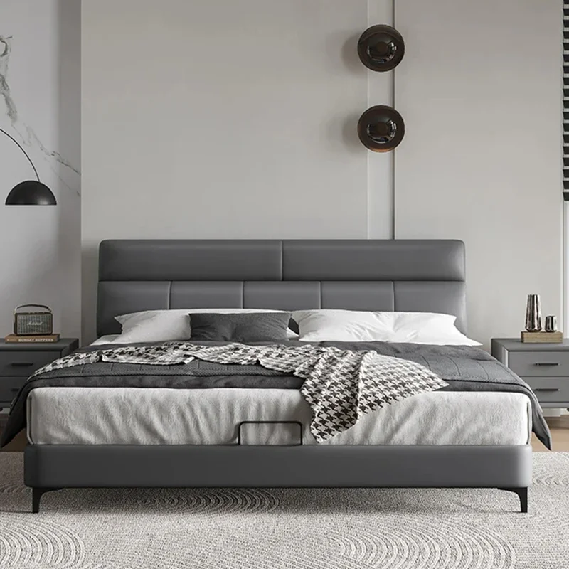 

Leather Luxury Gray Double Bed High End Italian Sleeping Wood Double Bed Multifunctional Cheap Cama Matrimonial Nordic Furniture