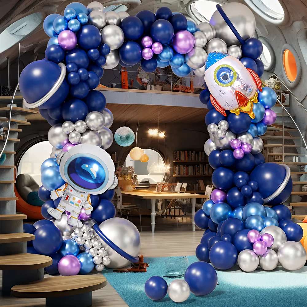 طقم إكليل بالونات الفضاء لرائد الفضاء مكون من 122 قطعة مع بالون من رقائق معدنية لرائد الفضاء لديكور حفلات أعياد الميلاد للأطفال
