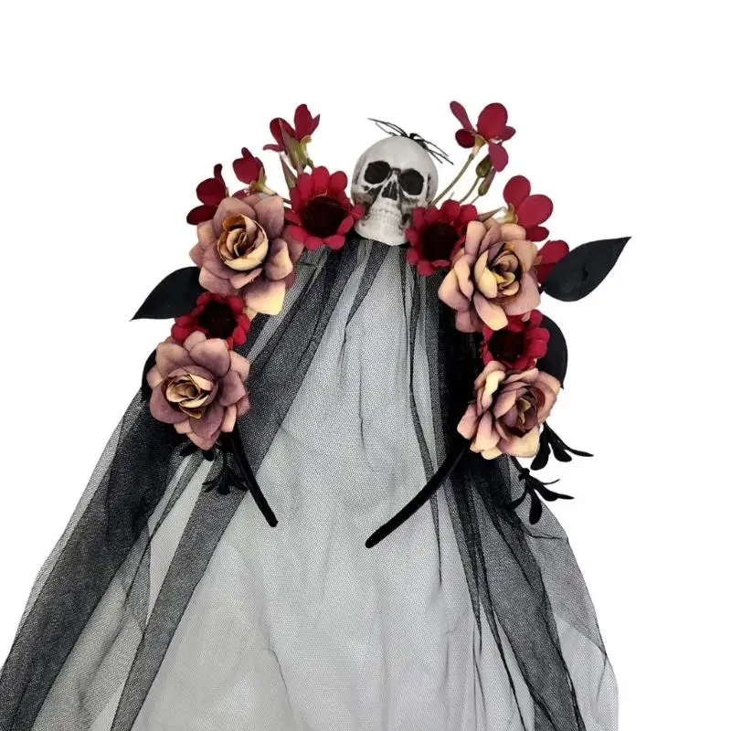 A52E Flower Skull Hairband Hair Styling Accessory Halloween Witch Hairband For Adult Theme Party Photography Wear Headpiece