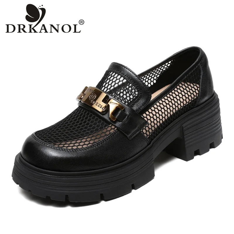 DRKANOL 2026 Women Chunky Platform Loafers Summer Genuine Leather Air Mesh Breathable Slip On Metal Thick High Heel Casual Shoes
