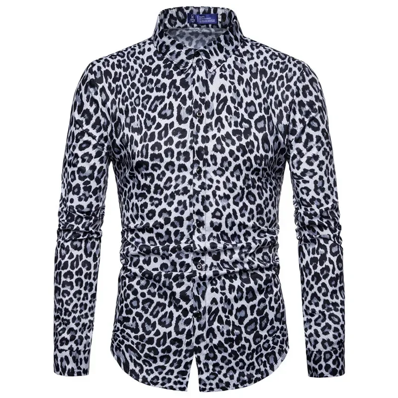 Mens Fashion  Leopard Print Shirt High Quality Long Sleeve Shirt Social Man Casual Party  Homme Shirt