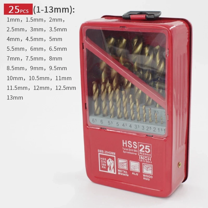 13/19/25pcs 1.0-13mm Hss Ti Coated Drill Bit Set For Metal Woodworking Drilling Power Tools Accessories In Iron Box