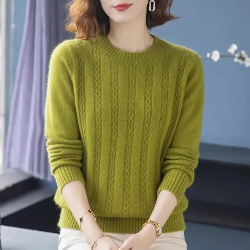 

Korean Fashion Autumn Winter Pullover Long Sleeve Women's Clothing Round Neck Screw Thread Solid Color Sweater Knitted Tops