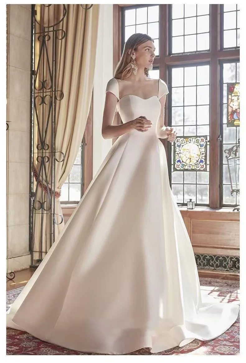 فساتين زفاف مخصصة برقبة مربعة 2025 للنساء رداء de mariée ساتان زي العرائس بأكمام قصيرة Vestido De Noiva #1