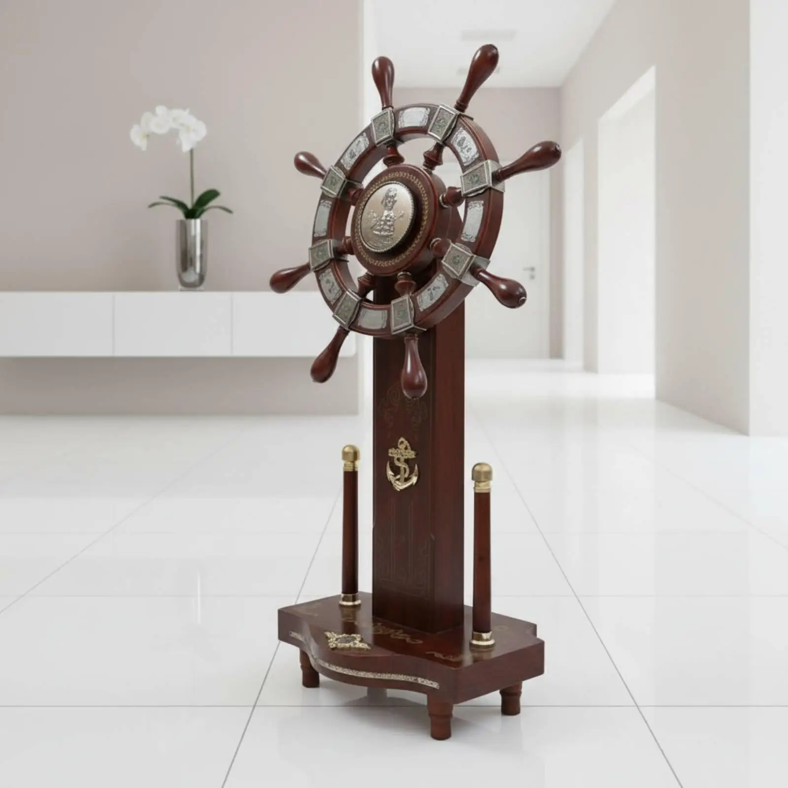 Solid Wood Decorative Ship Wheel Nautical Table Ornament for Desk Shelf Home Coastal Style Decor Gift