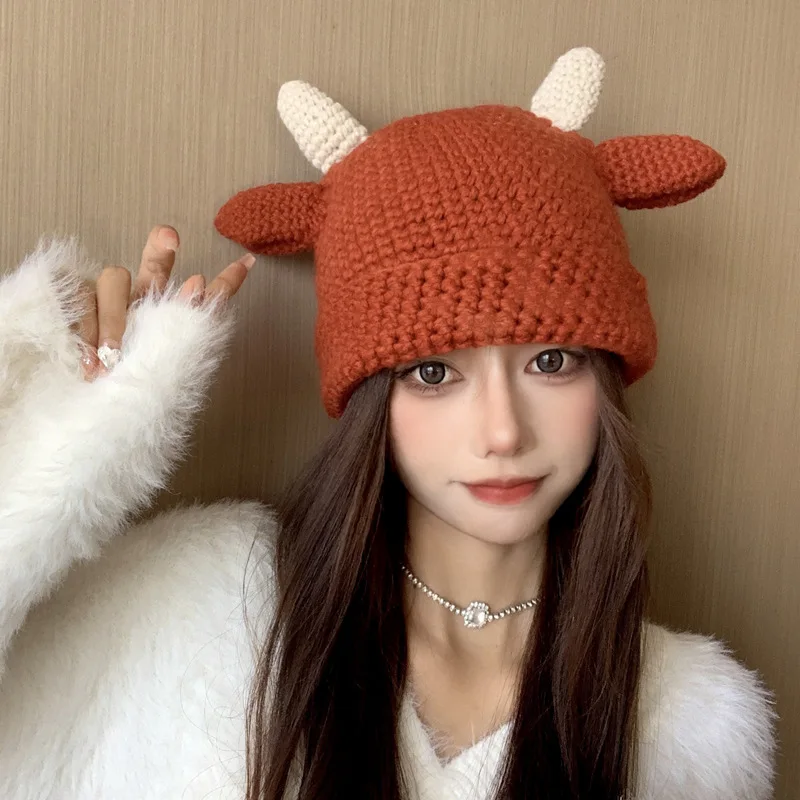 

Korean Cute Horn Knitted Hat Women's Winter Warm Basin Hats Outdoor Fashion Ear Protection Cold Sleeve Skull Beanie Cap Bonnet