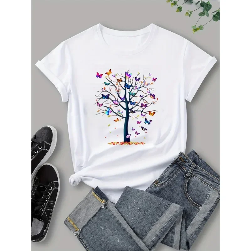 New Fashion Women T-shirt Colorful Butterfly Petal Print Short Sleeve and Round Neck Cute Graphic Tee Shirts Female Tops Clothin