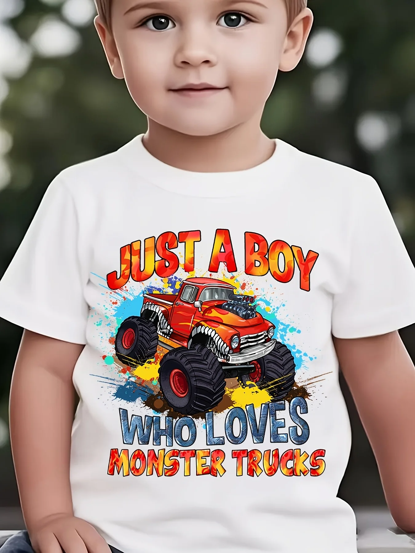 Boy Loves Red Flame Monster Truck Splash Print Family Matching Cotton Tees Short Sleeve Tops For Mom Dad Boys Girls Daily Wear