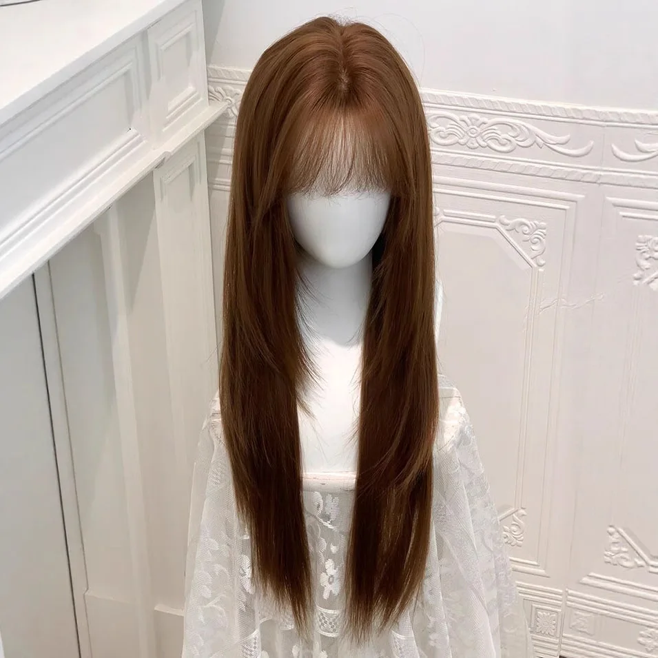 

Wig women's new Qi bangs caramel warm brown long straight hair trim air bangs wig full headgear