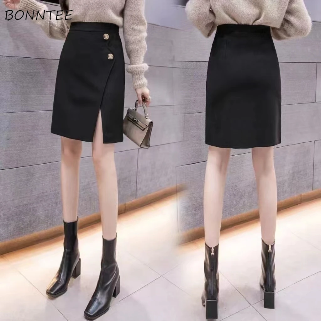 Skirts Women Spring High Waist Temper Button Simple Cleanfit Casual Korean Style Wrapped Hip All-match Slit-side A-line Faldas