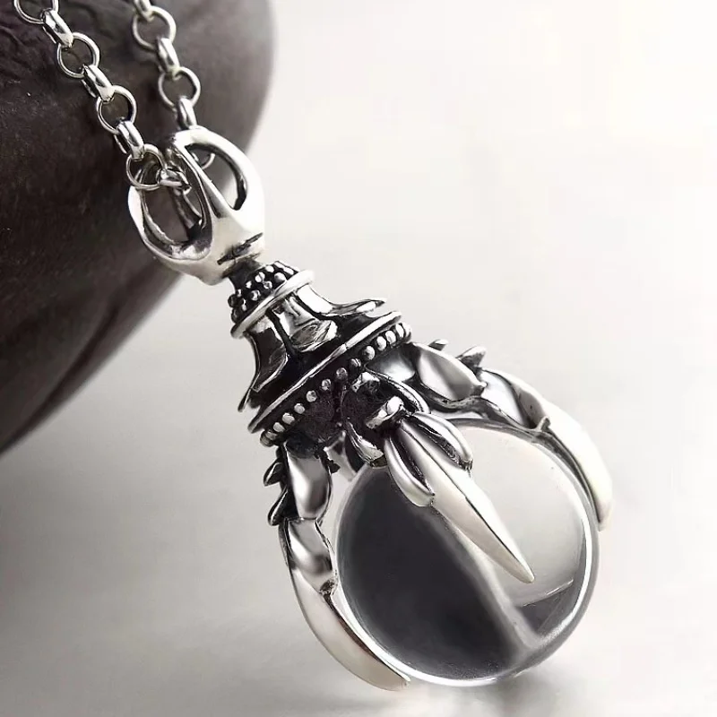 Domineering Dragon Claw Crystal Ball Pendant Necklace For Men Jewelry Personality Vintage Animal Design Necklace 925 Chain Male