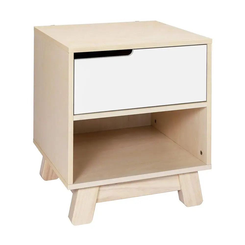 Nightstand with USB Port in Washed Natural and White, 1 Drawer and Storage Cubby