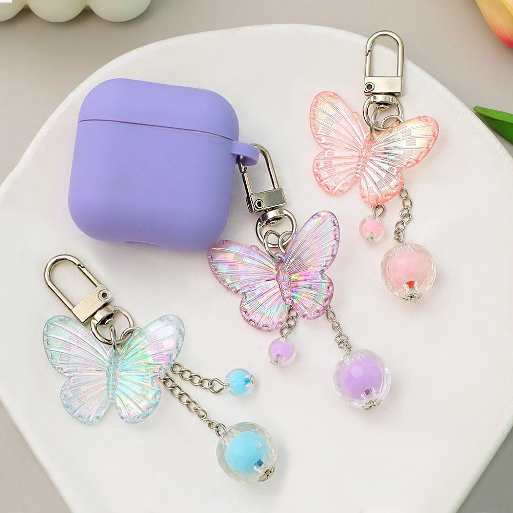 Precioso llavero de mariposa acrílico transparente, bola redonda, llavero con borla, funda para auriculares, bolso, accesorios de adorno, regalos para niñas