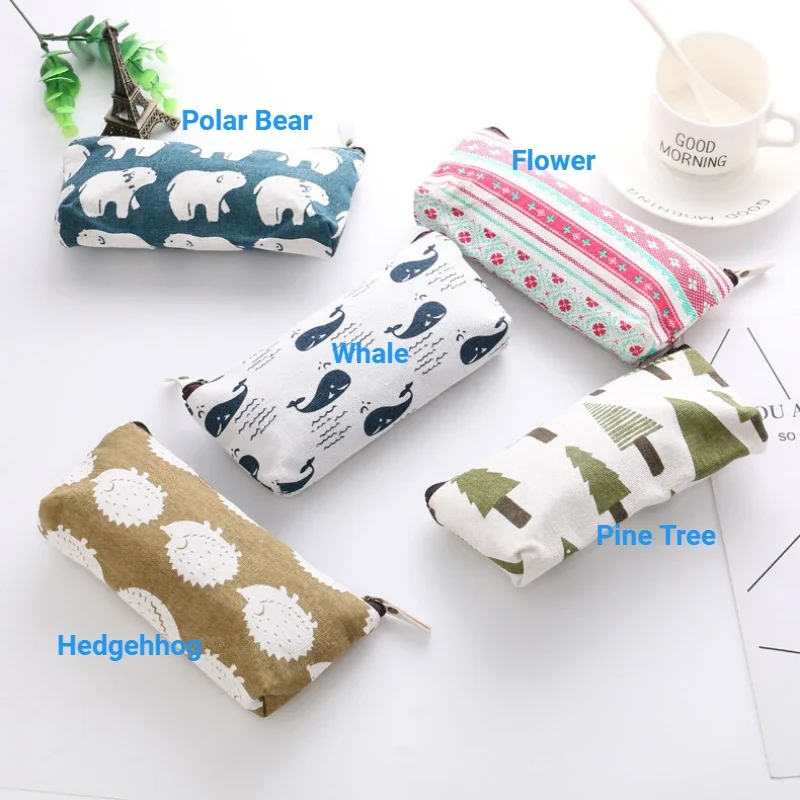 Fashion Canvas Mini Cosmetic Lipsticks Bag Whale Flowers Pattern Zipper Pencil Bag Portable Keys Earphone Charge Cable Organizer