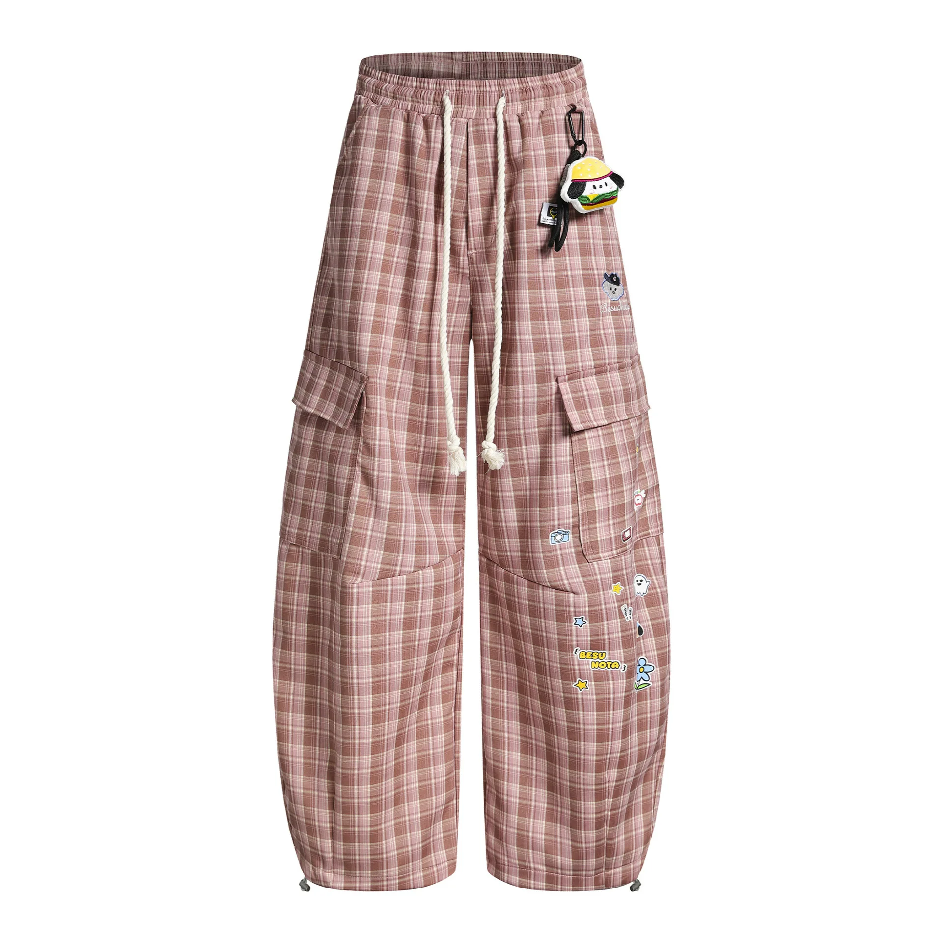 Checkered pattern Vintage Pants  Men Streetwear Harajuku Hip Hop Detachable Dog Pendant Decoration  Loose Casual Pants