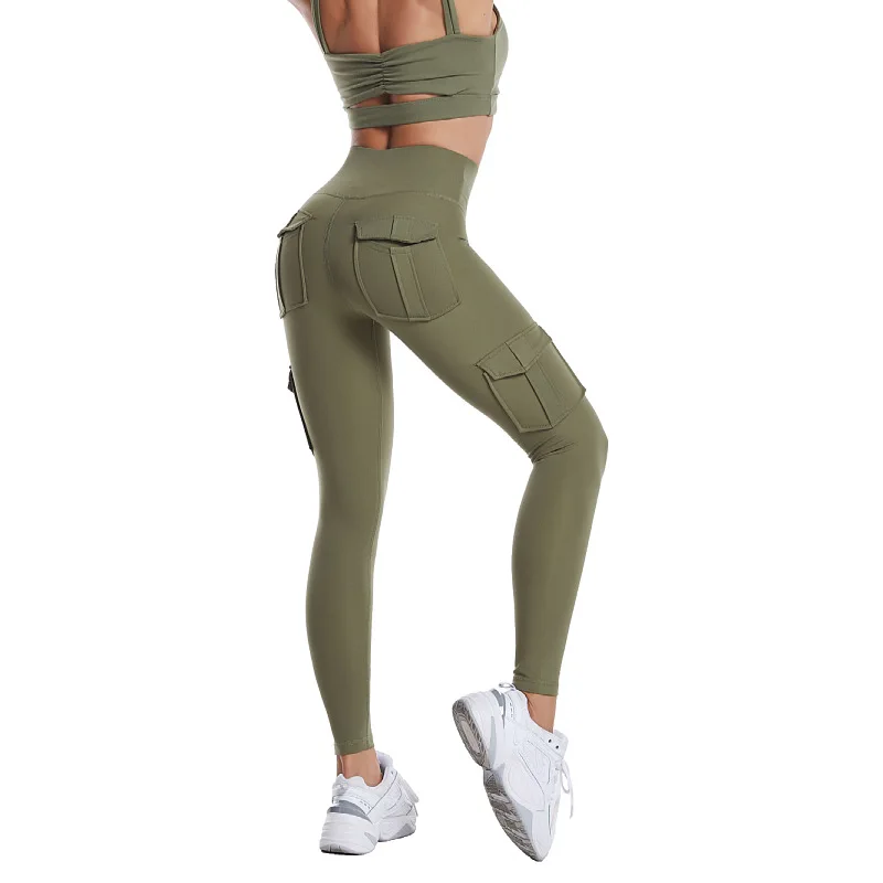 Calças de ioga push up de cintura alta para mulheres, calças femininas com vários bolsos ao ar livre, leggins de treino fitness, corante, 2023