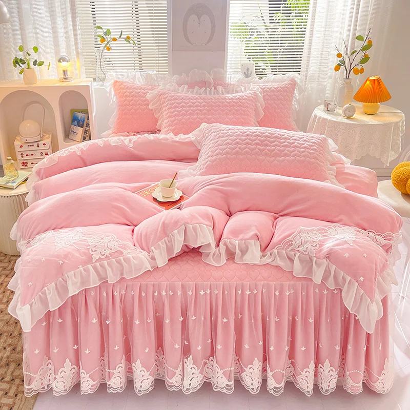 Korean Milk Velvet Bedding Set Queen King Size 4pcs Winter Duvet Cover Set Ruffle Bed Skirt Bedspread Soft with 2 Pillowcases