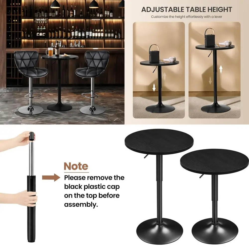 

360° Swivel, Adjustable Height Bar Table Set, 2pcs, Black with MDF Top