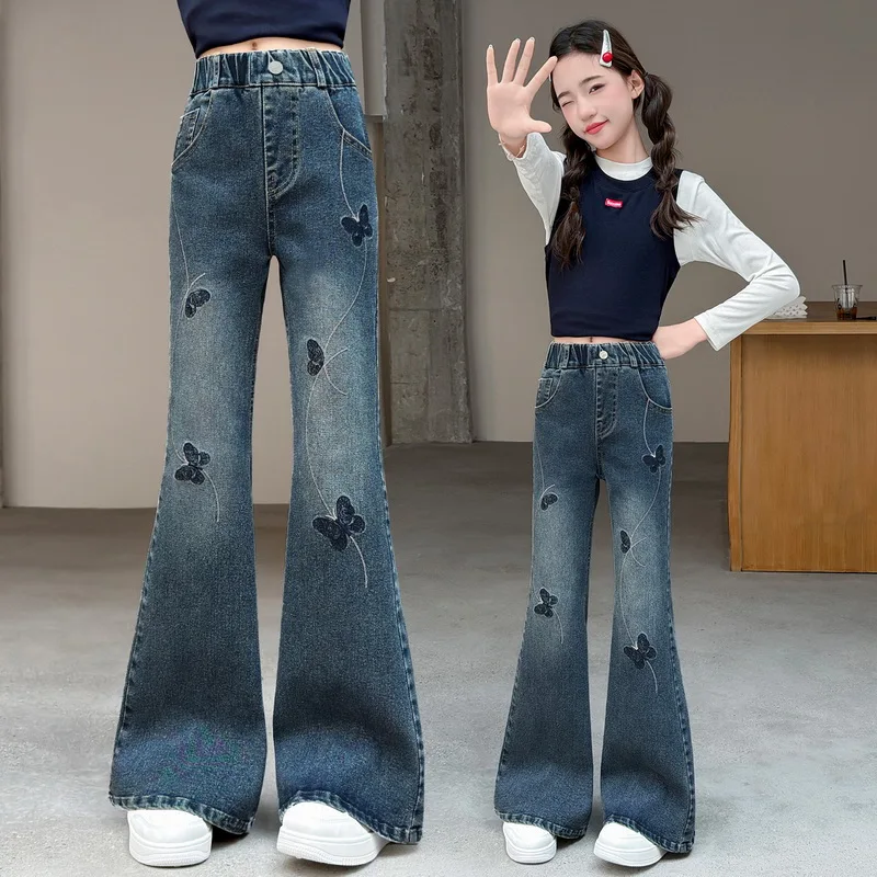 Girls Slim Flared Jeans with Butterfly Embroidery For Child Elegant Boot Cut Denim Leggings Pants Kids Fashion Jeans Trousers