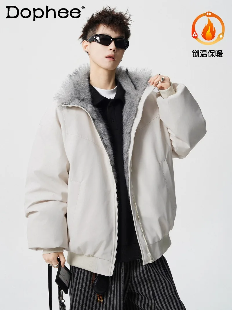 

American Fashion Trend Thickened Cotton Jacket Winter Warm Cotton Coat Plush Zipper Loose Casual Outerwear for Men