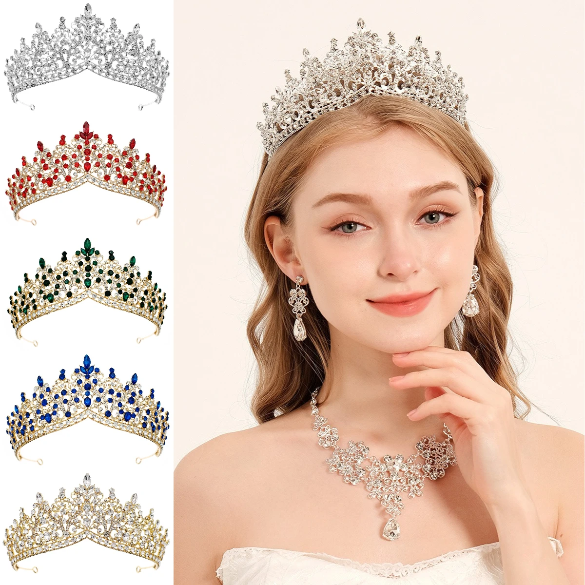 

Vintage Luxury Crown Alloy Colourful Diamonds Bridal Headpiece Baroque Large Crystal Crown Party Banquets Accessories