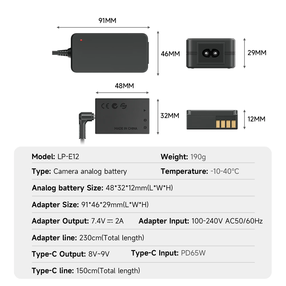 LP-E12 LP E12 LPE12 Akumulator zastępczy DR-E12 Łącznik DC USB typu C/AC Zasilacz do aparatu Canon EOS M M2 M50 M10 M100 EOS 100D